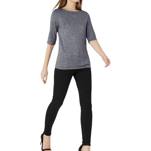 NWT Reiss Joey Metallic Short Sleeve T-Shirt Top Navy - Picture 3 of 10